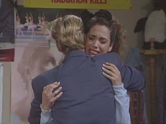Zack hugging Jessie in Saved by the Bell Jessie’s Song Episode