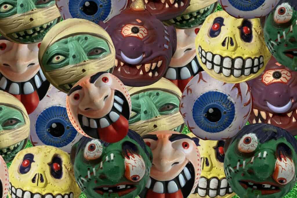 A collection of Madballs toy balls from the 1980s