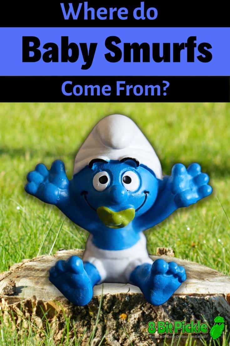 a stork brings baby Smurfs to the village